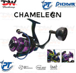 Load image into Gallery viewer, Pioneer Chameleon Series spinning reel image with 2 inserts showing detail of reel colour change