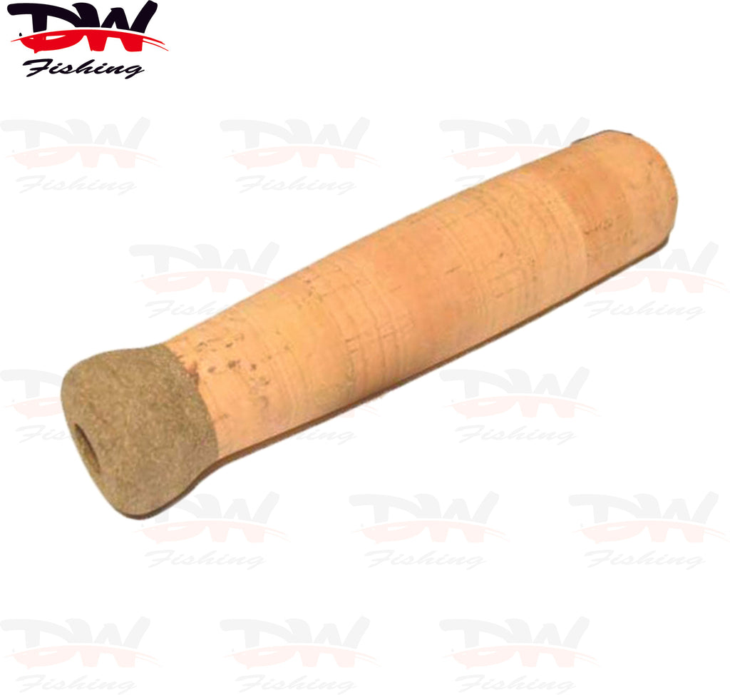 Cork rod grip for bait caster reel seat, shaped cork rod grip with rubberised butt