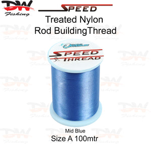 Speed treated nylon rod building thread size A 100 mtr spool colour Mid Blue