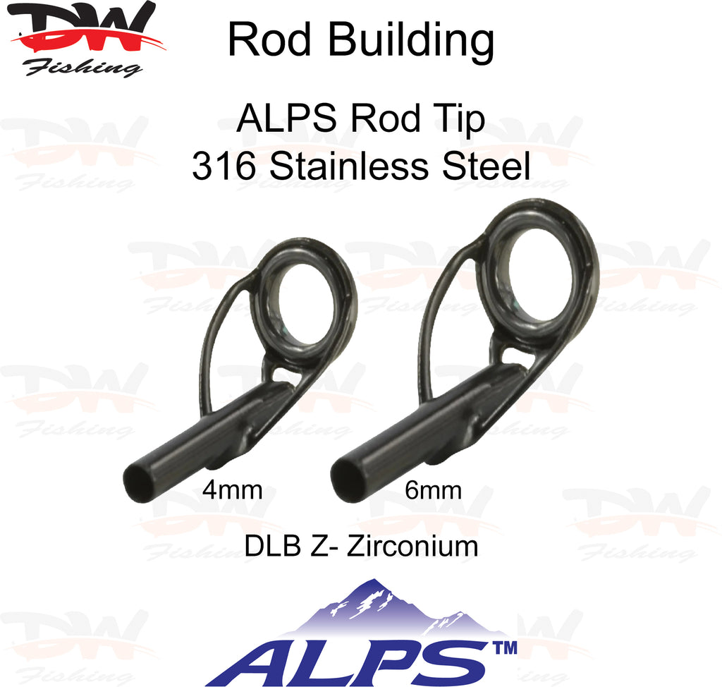 ALPS rod tip DLB-Z Black 316 stainless steel anti tangle frame with black zirconium insert ring group picture with 2 rod tip and logo below