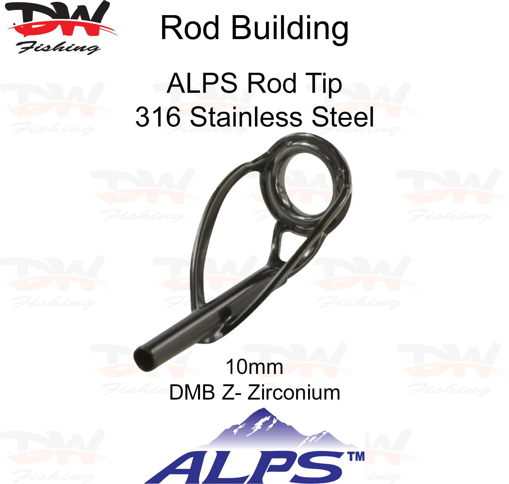 ALPS rod tip DMB-Z Black 316 stainless steel anti tangle frame with black zirconium insert ring, single rod tip picture with 10mm rod tip and logo below