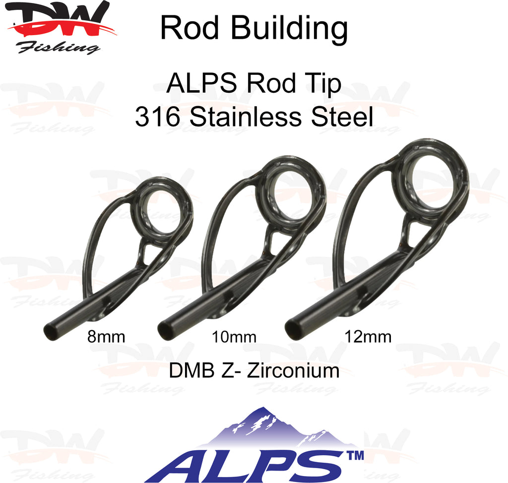 ALPS rod tip DMB-Z Black 316 stainless steel anti tangle frame with black zirconium insert ring group picture with 3 rod tip and logo below