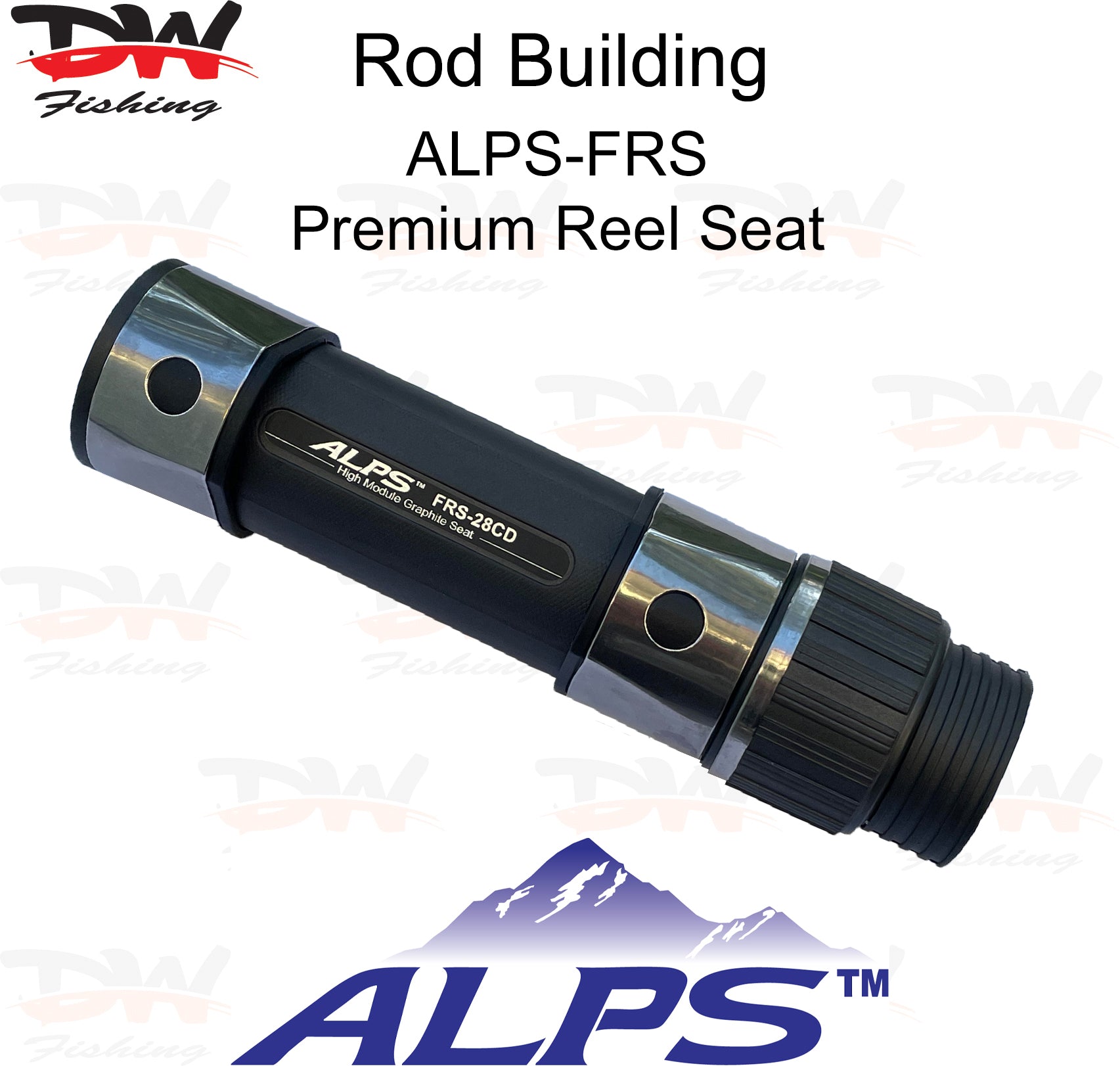 ALPS reel seat, FRS High modulus graphite cushioned reel seat cover page with pipe reel seat and ALPS logo