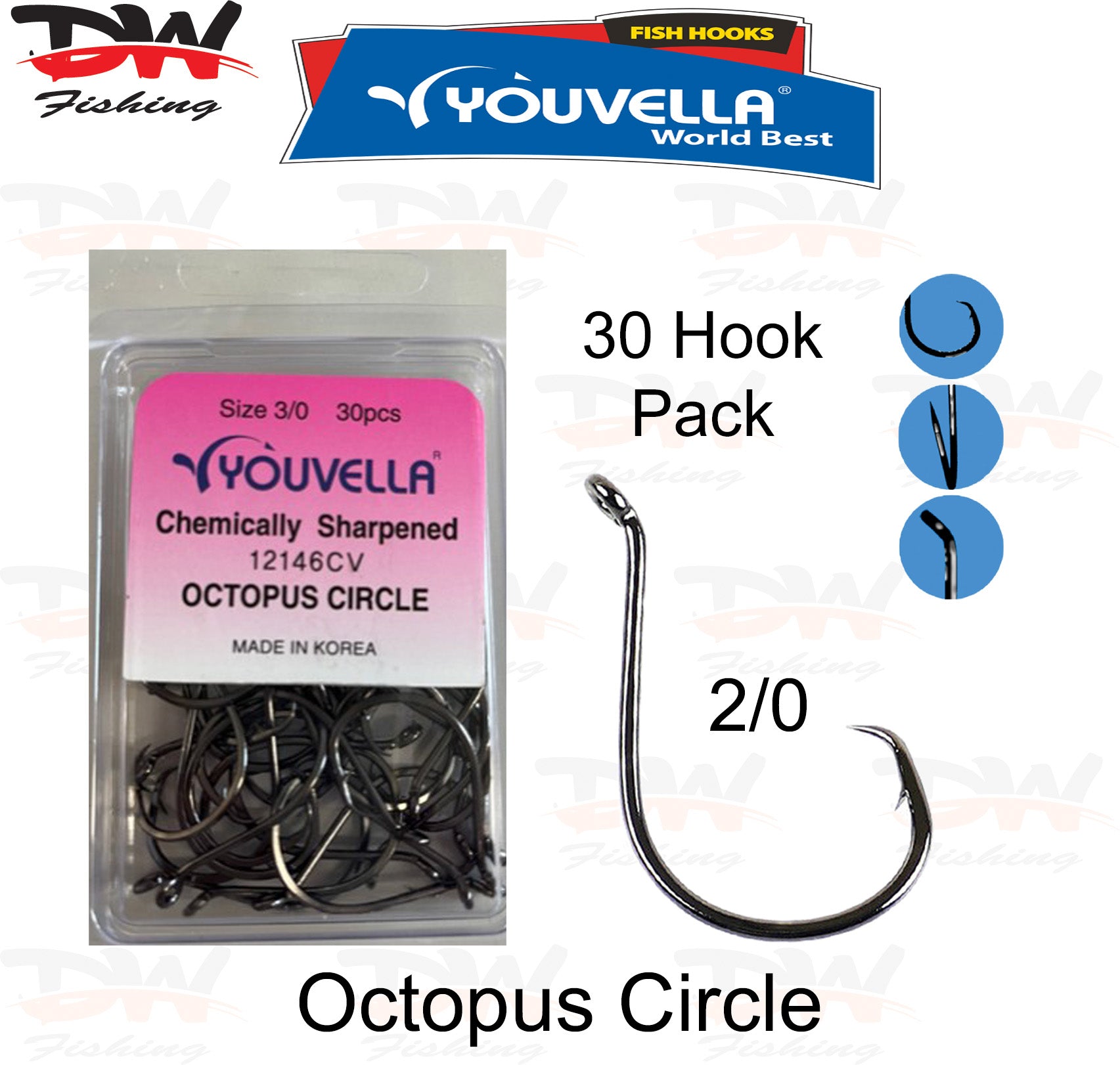 Youvella circle hook size 2/0 with hook details and offset