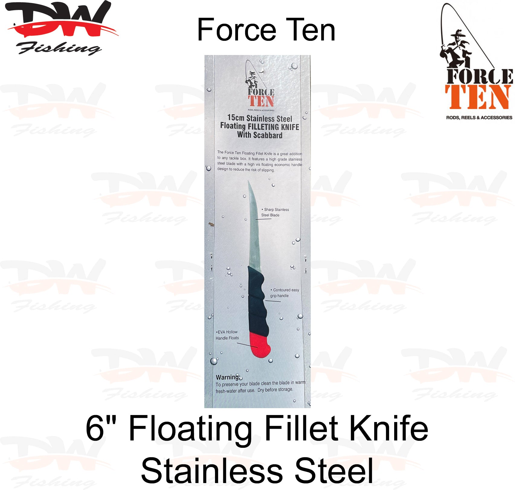 Force Ten brand fish fillet knife 15cm blade length with protective sheath back of packet