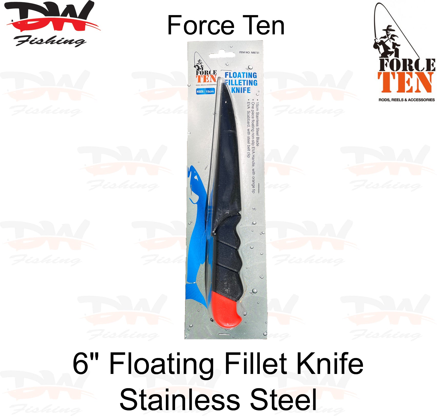 Force Ten brand fish fillet knife 15cm blade length with protective sheath front packet