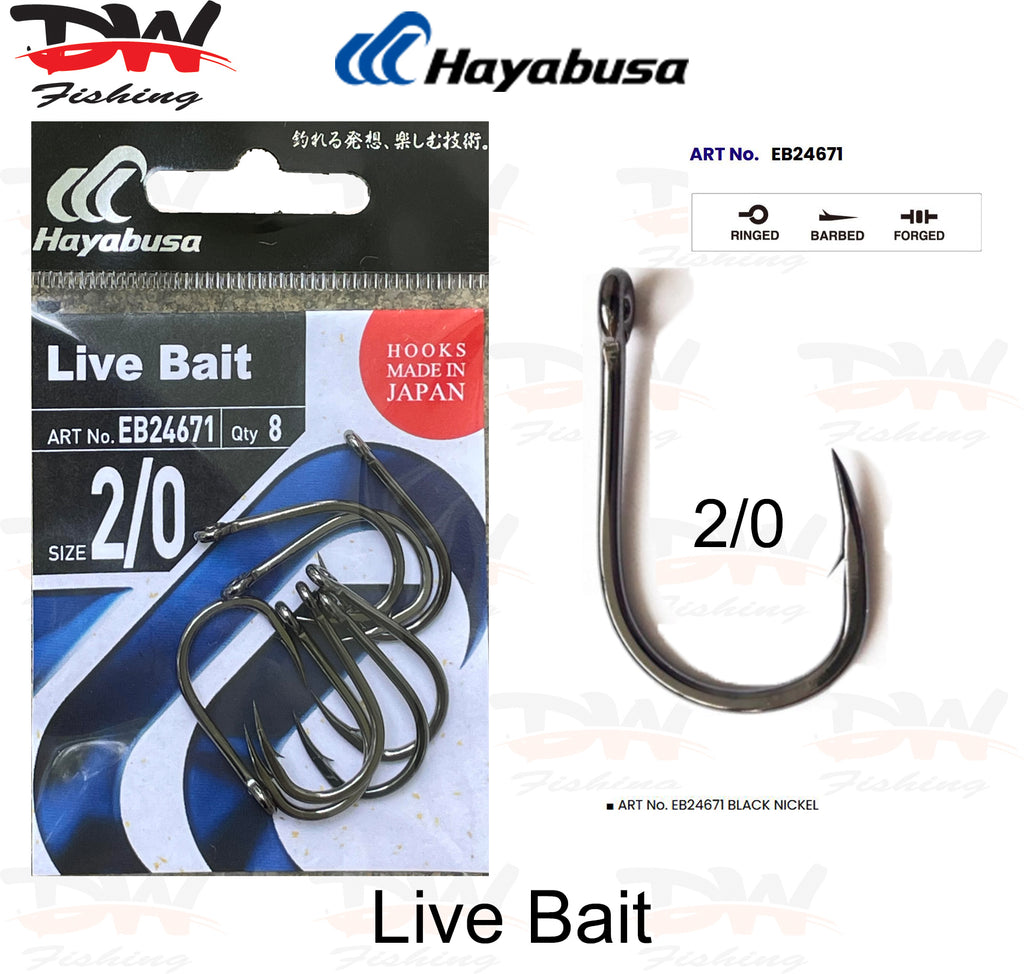 Hayabusa live bait hook H.LBT246 size 2-0 with pack and hook displayed