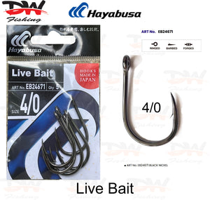 Hayabusa live bait hook H.LBT246 size 4-0 with pack and hook displayed