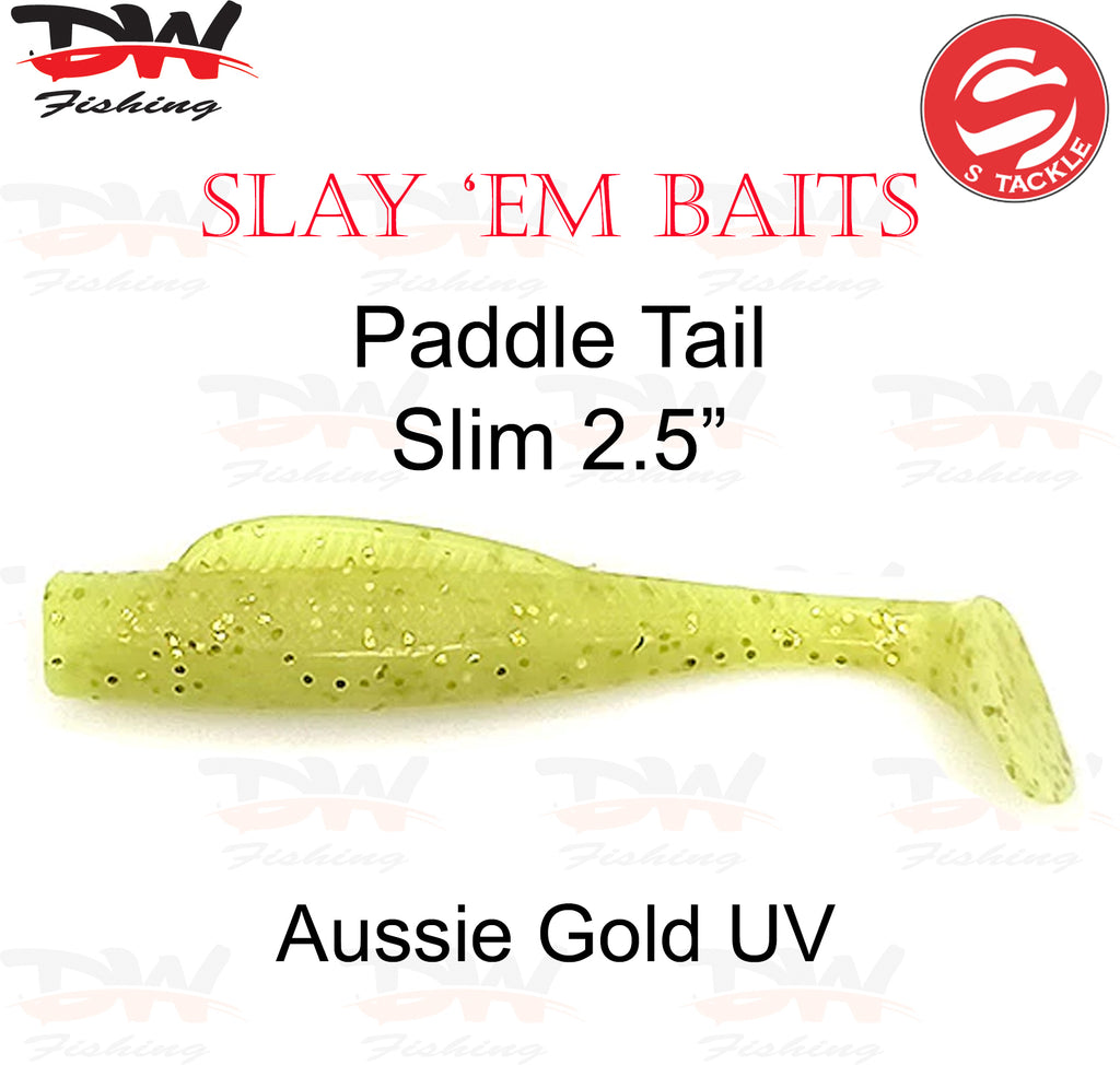 S Tackle 2.5 inch paddle tail slim soft plastic lure Colour Aussie Gold UV