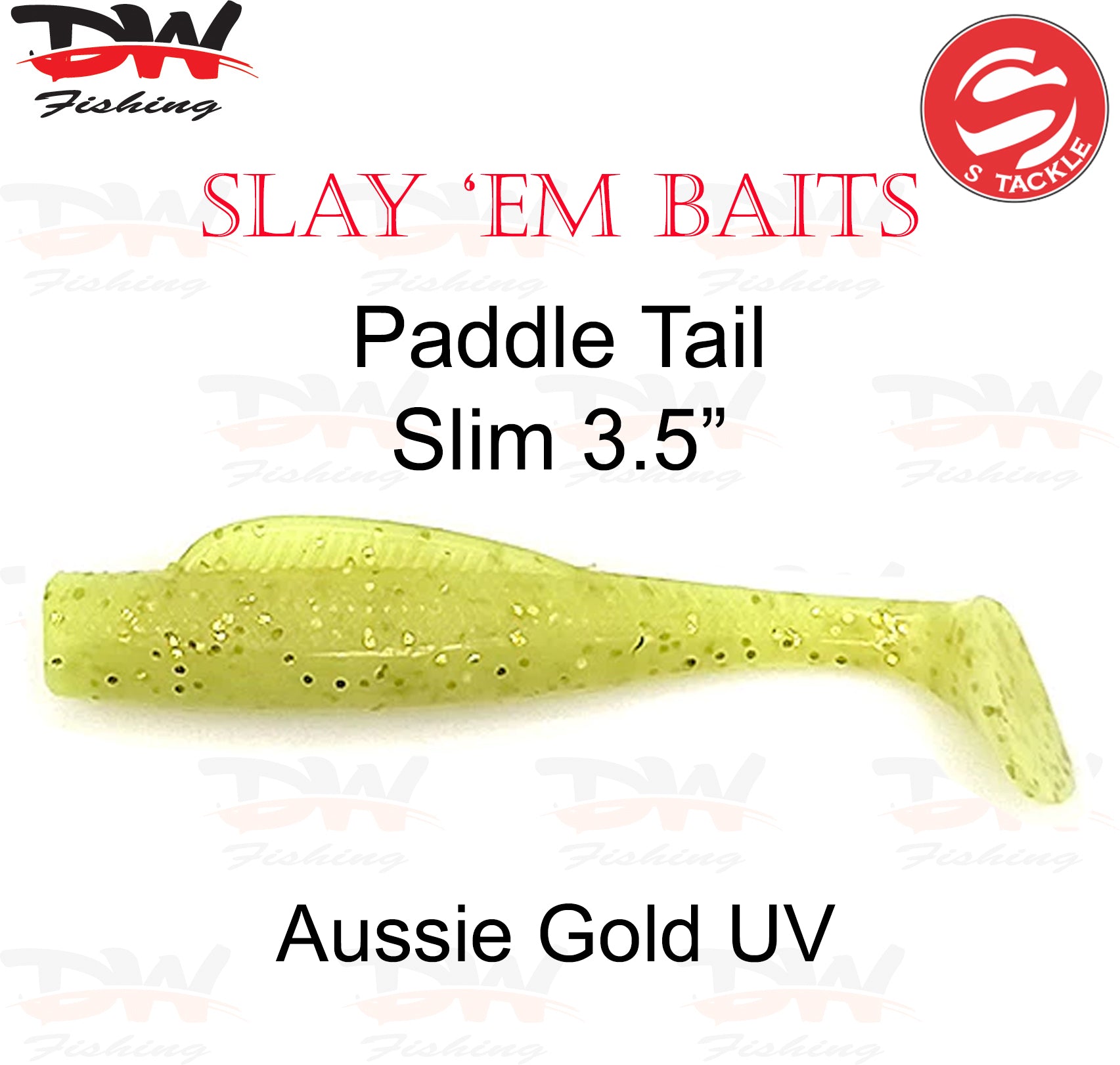S Tackle 3.5 inch paddle tail slim soft plastic lure Colour Aussie Gold UV