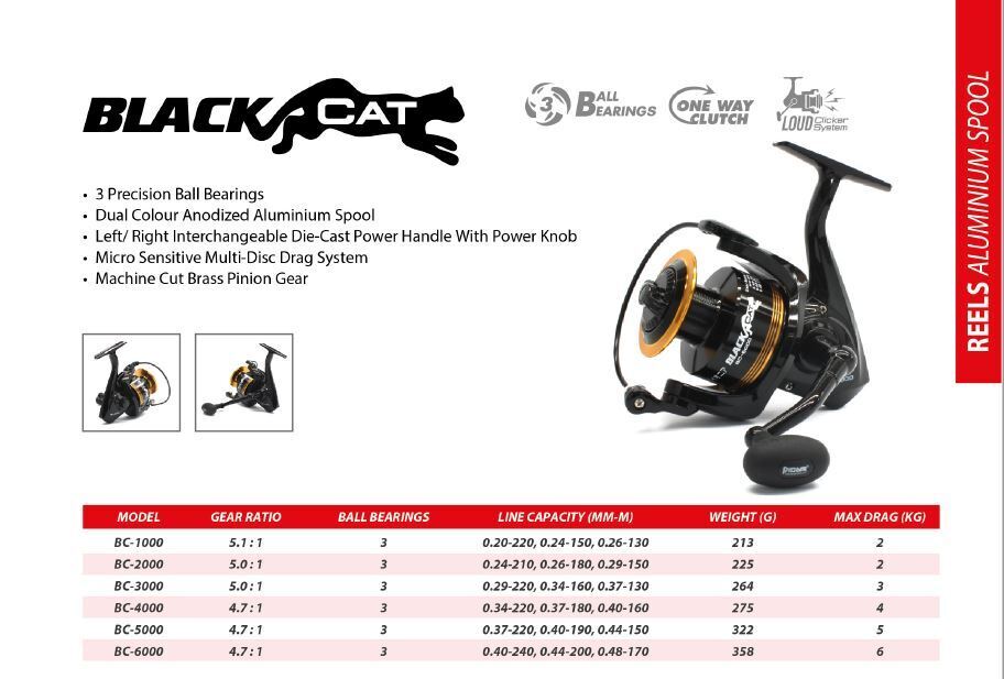 Pioneer Black Cat spinning reel cover with specifications