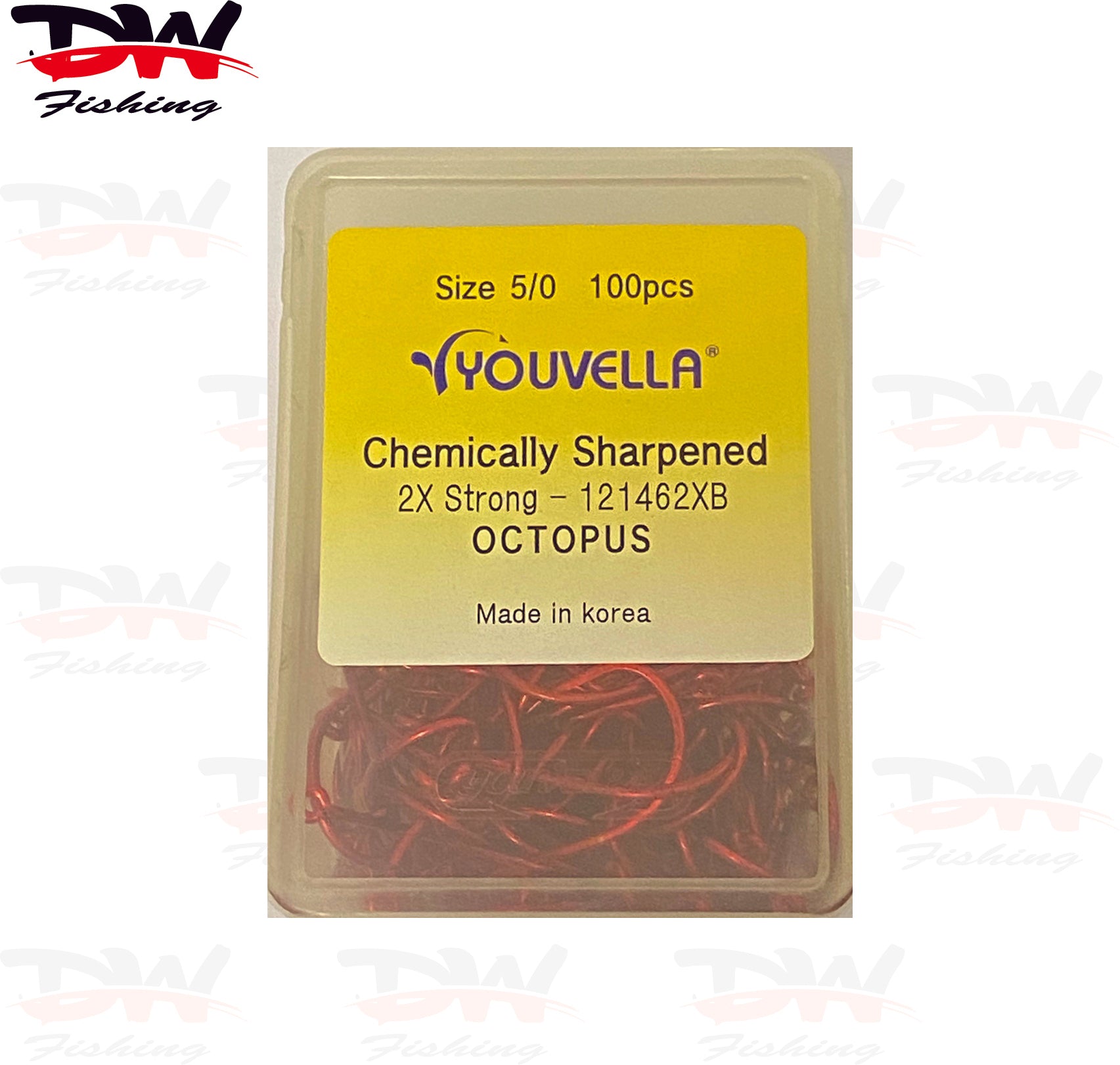 Youvella,  Red Octopus Hook 2 x strong chemically sharpened, Bulk 50 and 100 pack
