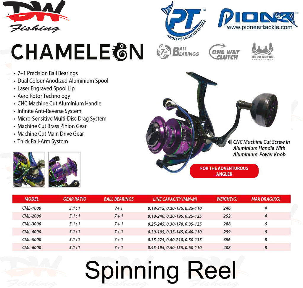 Pioneer Chameleon Series spinning reel specification sheet with reel image