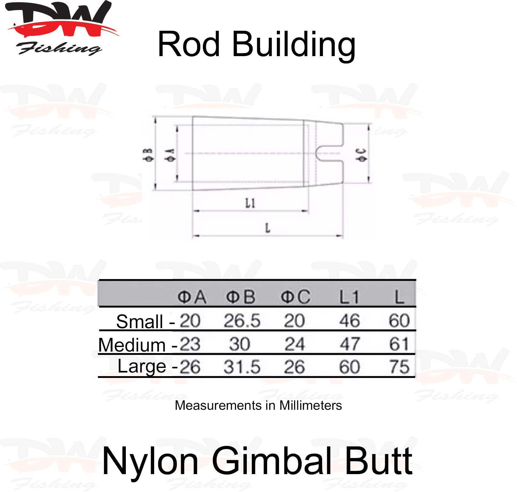 Rod Building Component Nylon Gimbal Butt with Matt Finish diagram with dimentions of butt cap